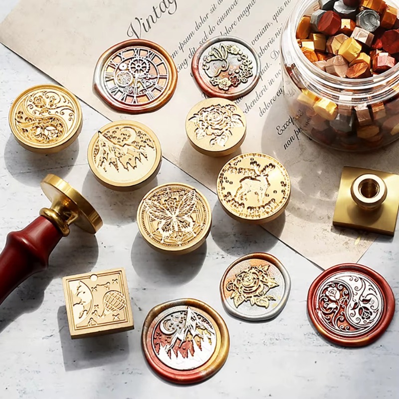 Wax Seal Stamp Set - 9개의 왁스 씰+1개의 손잡이, 왁스 씰